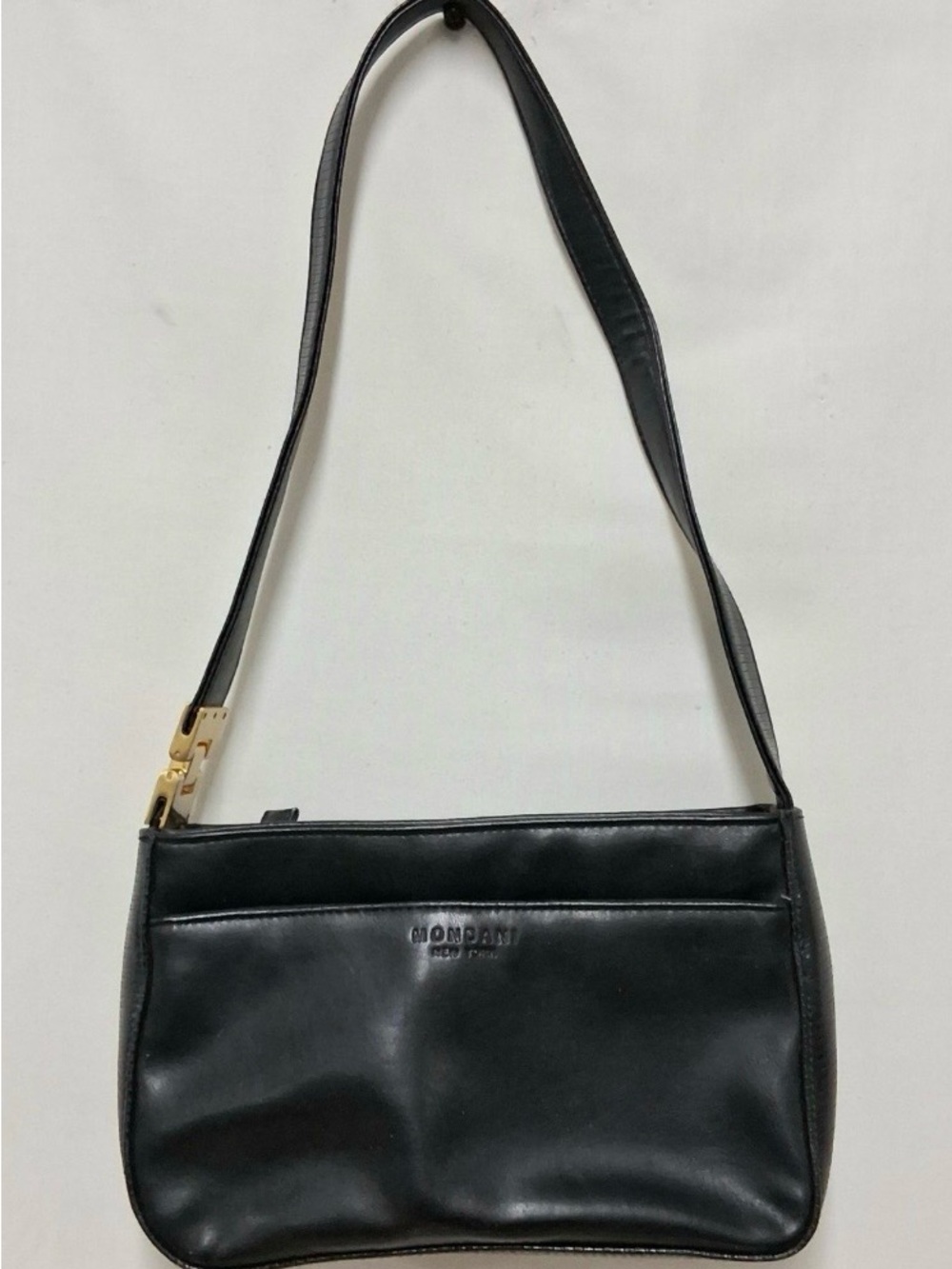 Mondani Black Leather Shoulder Bag with Gold Accent